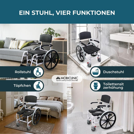 Mobiclinic®, Commode Wheelchair, Height Adjustable, Self-Propelled, Calígula, Folding Footrest and Armrests, With Removable Bowl, Wheel Brake, Aluminum