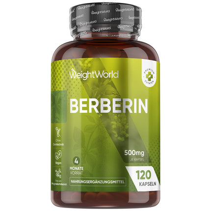 Berberine 500mg - 4 Month Supply - 120 Vegan Berberine Capsules - 1 Capsule Per Day - Magnesium Stearate Free - By WeightWorld