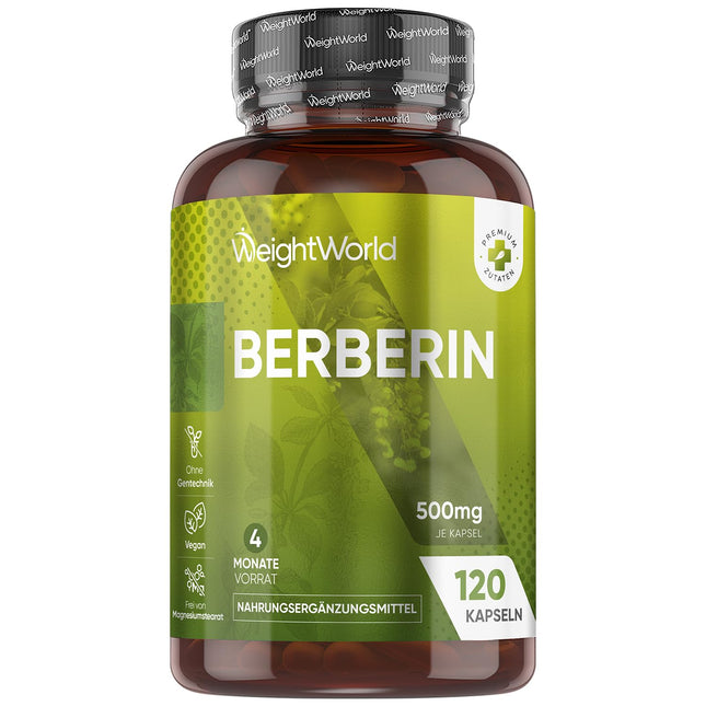 Berberine 500mg - 4 Month Supply - 120 Vegan Berberine Capsules - 1 Capsule Per Day - Magnesium Stearate Free - By WeightWorld