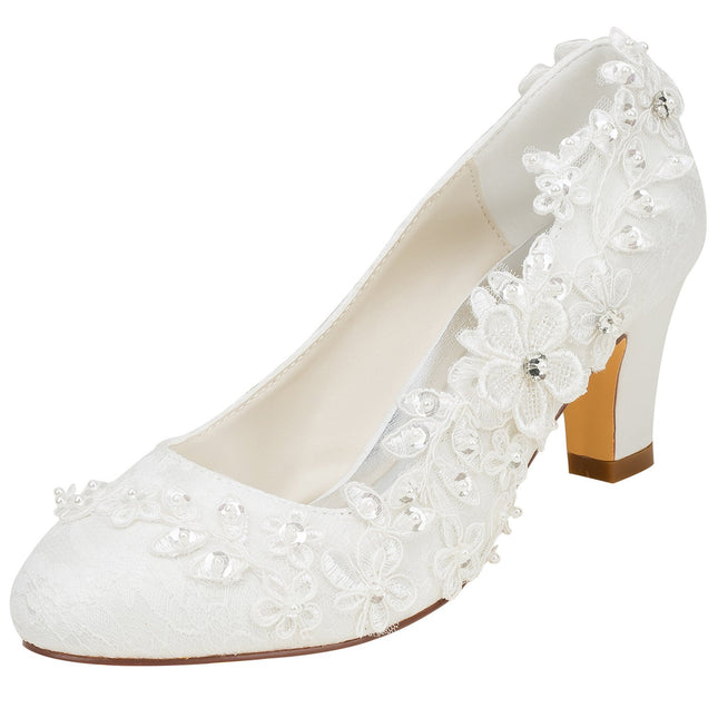 Emily Bridal Wedding Shoes Women Silk-like Satin Chunky Heel Pumps with Stitching Lace Flower Crystal Pearl, Ivory, 40 EU (7 UK)
