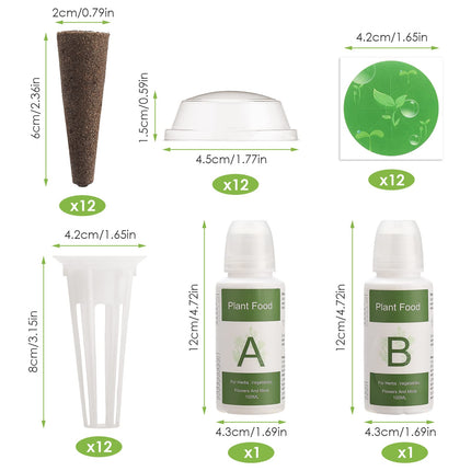 Seed Capsule Kit for Aerogarden, Grow-Anything Kit for Hydroponics, Plant Capsule Kit A&amp;B for Solid Plant Fertilization with Plant Baskets, Grow Sponges, Plant Domes, and Labels, (12 Pieces)