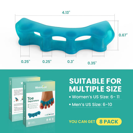 Welnove Silicone Toe Separators for Correcting Hallux Valgus - 8 Pack Toe Spreaders for Men's Feet - Hammer Toe Straightener for Women, Yoga Exercises, Foot Alignment - Blue