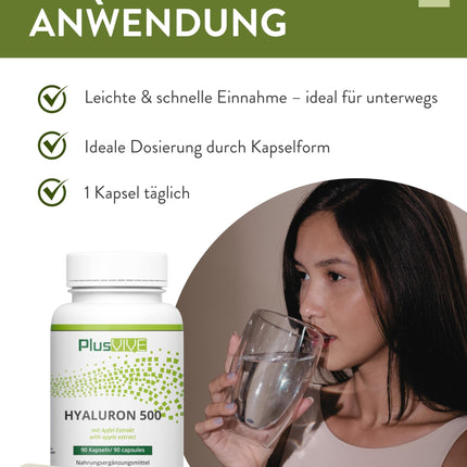 PlusVive Hyaluronic Acid Capsules High Dosage I 1 x 90 Capsules with Apple Extract I 500mg Hyaluronic Acid with 500-700 kD per Capsule I Hyaluronic Capsules I Dietary Supplement Vegan &amp; Laboratory Tested