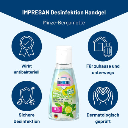 IMPRESAN Disinfectant Hand Gel Mint-Bergamot Limited Edition | Hand disinfectant in a practical travel size | 55 ml