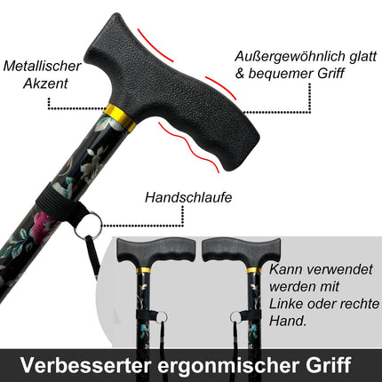 BeGrit Folding Walking Stick for Women Walking Stick Colorful Black Gifts Women Elegant Height Adjustable Walking Stick Flowers Crutch Gifts for Mother Men Birthday Thanksgiving the New Year