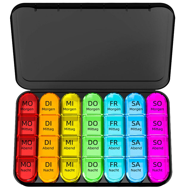 Doruimi Pill Box 7 Days Morning Noon Evening, Small Pill Box Large Compartments, Medicine Box 7 Days 4 Compartments with Simple Open Design for On the Go - Black