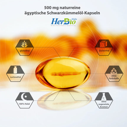 HerbBio Egyptian Black Seed Oil Capsules 500mg 420 Softgel Capsules - of which 57% linoleic acid - Premium cold-pressed - 100% bovine gelatin Halal Certified - laboratory tested - Black seed oil capsules