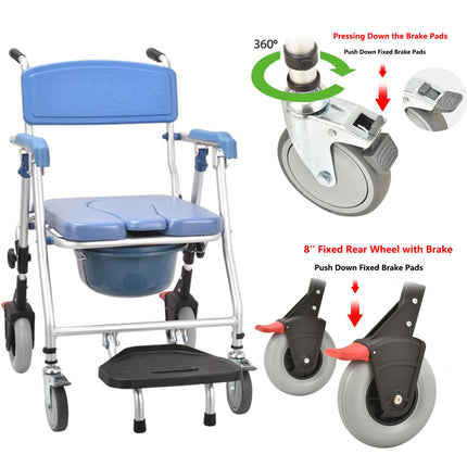 Commode Chair with Wheels for Seniors, Multifunctional Shower Chair, Folding Commode Chair with Urine Bucket, Commode Chairs for Elderly and Disabled, Load Capacity 120 kg