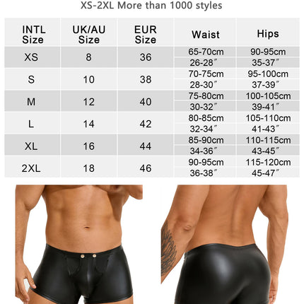 Sexy boxer shorts men with opening PU leather underwear with pouch large sizes wetlook underpants with buttons sissy lingerie men sexy underwear erotic shorts briefs hipster gay clubwear (black, M)