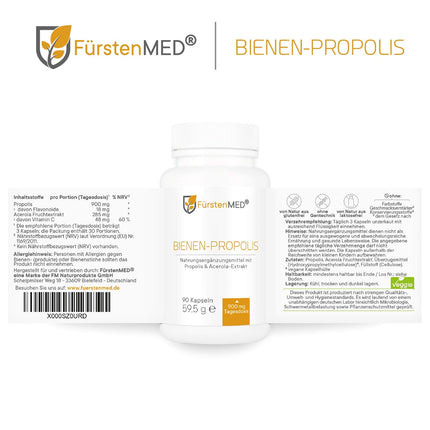 FürstenMED® 900mg Bee Propolis Capsules High Dose - Natural Flavonoids from Bee Resin with Vitamin C (from Acerola) - 90 Vegetarian Capsules - Laboratory Tested