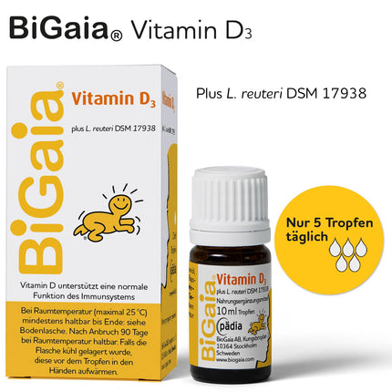 BiGaia Drops Plus Vitamin D3, 10ml, with natural lactic acid bacterium L. reuteri to support the intestinal flora, for infants from birth