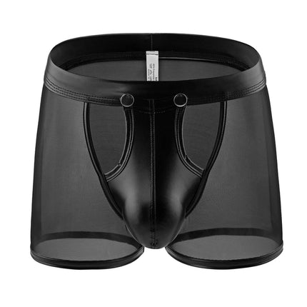 ohmydear Men's Boxer Shorts Leather Boxer Briefs Erotic Lingerie for Sex Mesh Underwear Men's Sexy Underpants Wetlook String Shorts Openable Pouch with Snap Fasteners