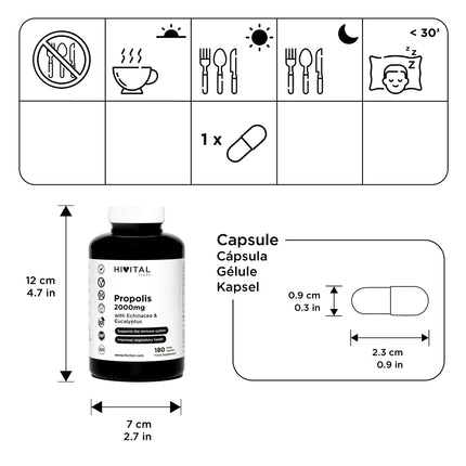 Propolis 2000 mg. 180 vegan capsules for a 6-month course. Extracts of propolis with 10% galangin, echinacea with 4% polyphenols, and eucalyptus. Manufactured by HIVITAL