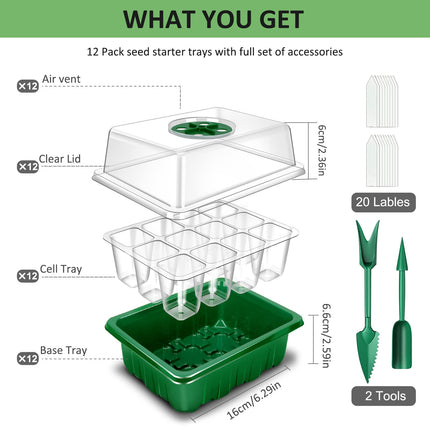 YAUNGEL Indoor Greenhouse Propagator, 12 Pack 144 Cells Mini Greenhouse Propagation Set Seedling Starter Trays Greenhouse Propagation Tray with Lid and Ventilation for Seedling Plant, Green