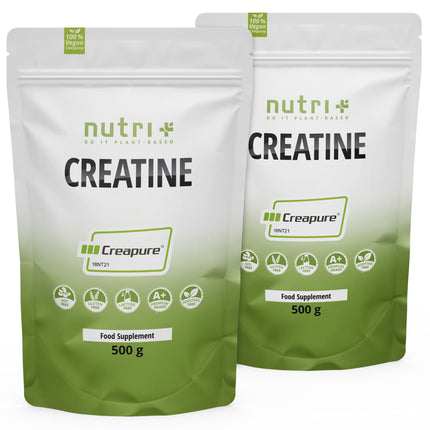 Nutri + Creapure 500g - Creatine Monohydrate Powder - 100% Pure - Ultra Fine Creatine Neutral High Dose - Vegan Creatine Powder from Germany