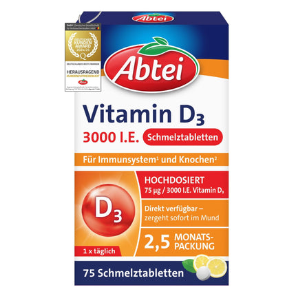 Abtei Vitamin D3 3000 IU - supports immune system and bones - gluten-free, lactose-free, and vegetarian - 75 melting tablets with lemon flavor