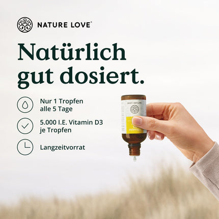 NATURE LOVE® Vitamin D3 5000 (50ml liquid) - Laboratory-tested 5000 IU per drop - in MCT oil from coconut - Highly dosed vitamin D - Highly bioavailable, very high stability - Produced in Germany