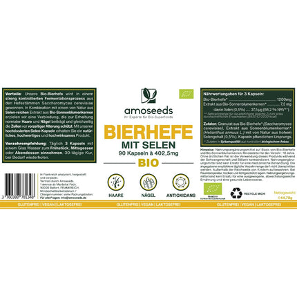 Organic Brewer's Yeast | Hair and Nails | Live Yeast, 1200 mg / day, Gluten-free | Enriched with Selenium | 90 Vegan Capsules | Top Quality