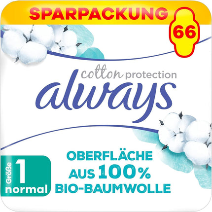 Always Ultra Women's Pads Size 1, Cotton Protection Normal, 66 sanitary pads with wings (3 x 22 pads), monthly pack, ultra-thin and super absorbent