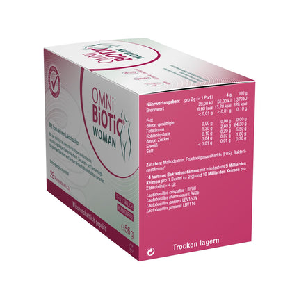 OMNi BiOTiC WOMAN, 28 servings, 4 bacterial strains, 10 billion germs per daily dose, Powder, Vegan, Gluten-free, Lactose-free, For daily use, Simply drink