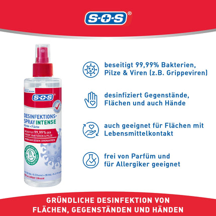 SOS Disinfectant Spray INTENSE for hands and surfaces | Eliminates 99.99% of bacteria, fungi, and viruses* (e.g., herpes, flu, and noroviruses) | Extended spectrum of activity** | 9 x 250ml