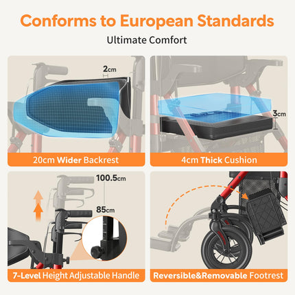 VOCIC 2 in 1 Wheelchair Rollator Foldable and Lightweight with Seat, Outdoor Rubber Tires for All Terrain, Lightweight Rollators with Mesh Bag, Aluminum Walking Aid Transport Chair, Red (5 Year Warranty)
