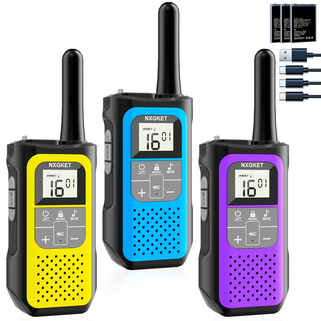 Walkie Talkie Set of 3, NXGKET Walkie Talkie 5 km for Adults and Children, 16 Channel Radio Set Rechargeable with 1200mAh Li-ion Battery, USB-C Charging Cable, VOX for Camping, Hiking, Traveling, Skiing, Fishing, Hunting