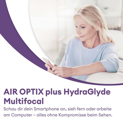 Air Optix plus HydraGlyde Multifocal monthly soft lenses | 3 lenses | BC 8.6 mm | DIA 14.2 mm | ADD LOW | +2.00 diopters