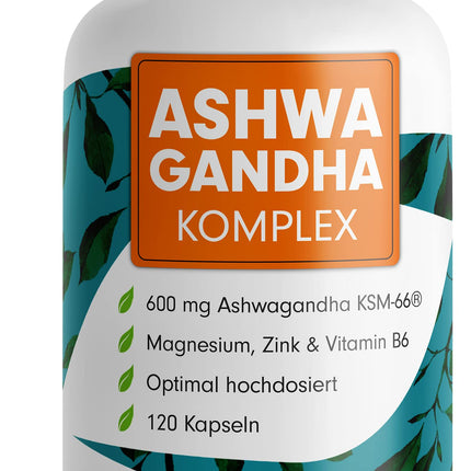Ashwagandha Capsules 120x - 600 mg Ashwagandha KSM-66® per day - Ashwagandha Complex with Magnesium, Zinc &amp; Vitamin B6 - no unwanted additives - laboratory tested