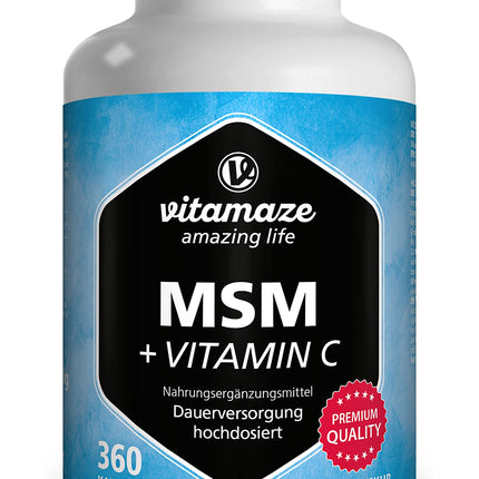 MSM capsules + Vitamin C, high-dose, 360 capsules for 6 months, 1,334 mg organic sulfur powder per day, 99.9% pure methylsulfonylmethane, dietary supplement without additives, Made in Germany