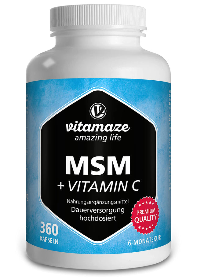MSM capsules + Vitamin C, high-dose, 360 capsules for 6 months, 1,334 mg organic sulfur powder per day, 99.9% pure methylsulfonylmethane, dietary supplement without additives, Made in Germany
