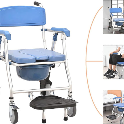 Generic Commode Chair with Wheels for Seniors 150kg Foldable Commode Chair with Armrest Mobile Commode Chair Shower Chair with Wheels WC Chair with Removable Bucket