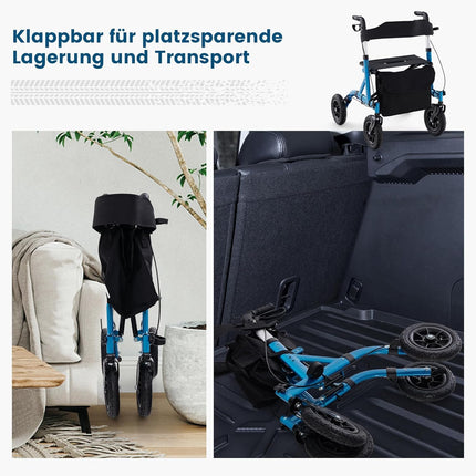 FANTASK 2-in-1 Rollator with pneumatic tires and seat up to 160 kg, foldable and lightweight aluminum with bag and cane holder, walking aid with 6-way height adjustment, wheelchair and travel rollator (blue)