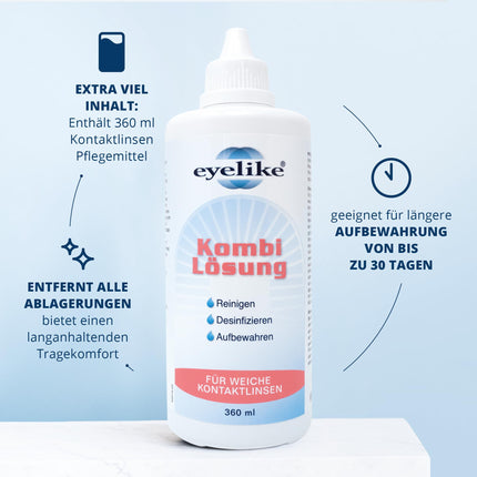 Eyelike Combi Solution – One-Step Care System – ideal for cleaning, disinfecting, and storing soft contact lenses – 360 ml