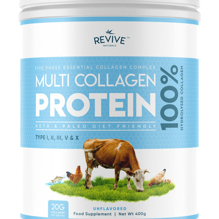 Revive Naturals Multi-Collagen Protein Powder - Types I, II, III, V &amp; X - Hydrolyzed Grass-Fed Beef, Wild-Caught Fish and Free-Range Chicken, Unflavored, Halal - (400g), Powder