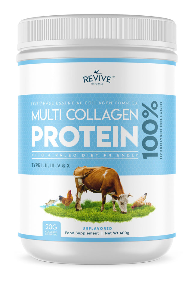 Revive Naturals Multi-Collagen Protein Powder - Types I, II, III, V &amp; X - Hydrolyzed Grass-Fed Beef, Wild-Caught Fish and Free-Range Chicken, Unflavored, Halal - (400g), Powder