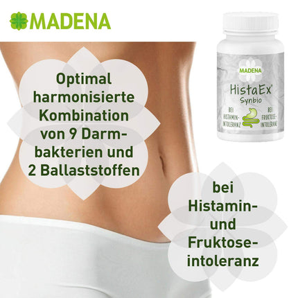 MADENA HistaEx Synbio – Lactic acid bacteria and bifidobacti for histamine intolerance and fructose intolerance – 60 capsules + 2 soluble fibers, daily dose of 20 billion bacteria