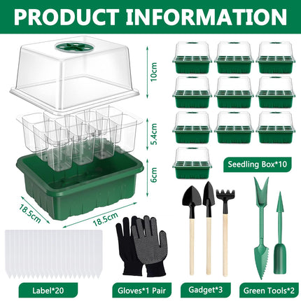 MOYKSRR Indoor Greenhouse Propagator, 10 Pieces 120 Cells Mini Greenhouse Propagation Set with 2 Garden Tools, 3 Shovels, 20 Labels, Greenhouse Propagation Tray with Higher Lid for Seedling Plant
