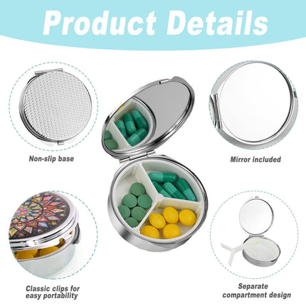 4 Pack Small Pill Box with Mirror, Travel Pill Dispenser, 3 Compartment Medicine Box, Round Metal Pill Box, for Purse, for Storage (Pattern-3 Compartment-Clip)