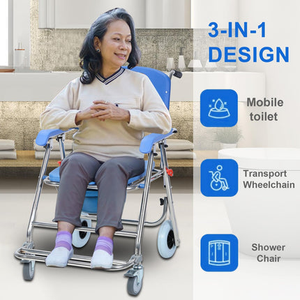 Foldable shower-commode wheelchair, height adjustable with removable bucket and footrests, mobile toilet chair with wheels, suitable for seniors and people with limited mobility Bl