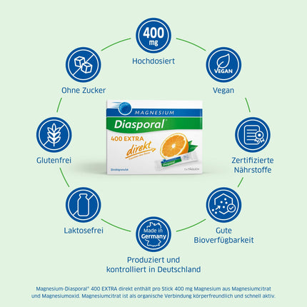 Magnesium-Diasporal 400 EXTRA direct | Magnesium Sticks with fruity magnesium powder | The EXTRA-CLASS direct granulate with 400 mg magnesium per stick, 50 Magnesium direct Sticks