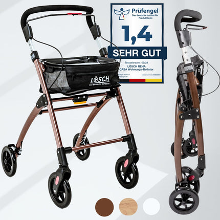 Casa Soft Braun narrow rollator for home &amp; indoor use, foldable &amp; lightweight, 5 kg | height-adjustable indoor rollator from Lösch Reha | reliable walking aid for seniors