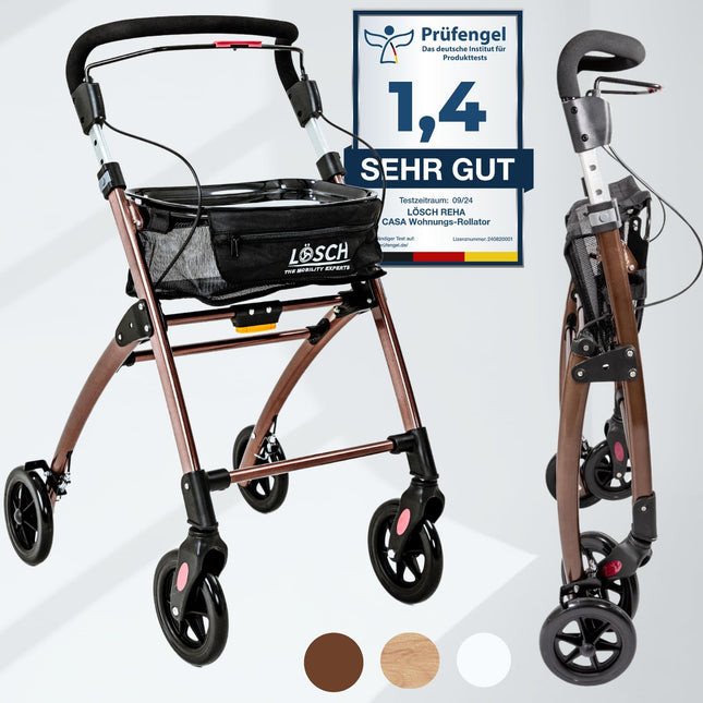 Casa Soft Braun narrow rollator for home &amp; indoor use, foldable &amp; lightweight, 5 kg | height-adjustable indoor rollator from Lösch Reha | reliable walking aid for seniors