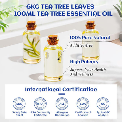 HIQILI 100ml Tea Tree Oil, 100% Pure Natural Tea Tree Oil for Diffuser, Pimples, Skin, Nails, Includes Travel Bottle