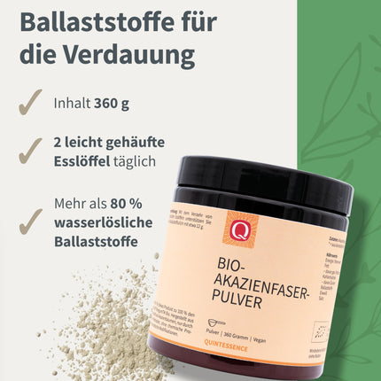 Quintessence Acacia Fiber Powder Organic 360g - Vegan, purely natural &amp; without additives, Acacia fiber with 80% fiber content, Highly soluble, Produced in Austria