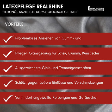 Optimal Products Latex Care REALSHINE Silicone Oil 1 Liter | dermatologically tested oil for latex | professional rubber care and economical donning aid | odorless latex care for a high-gloss finish
