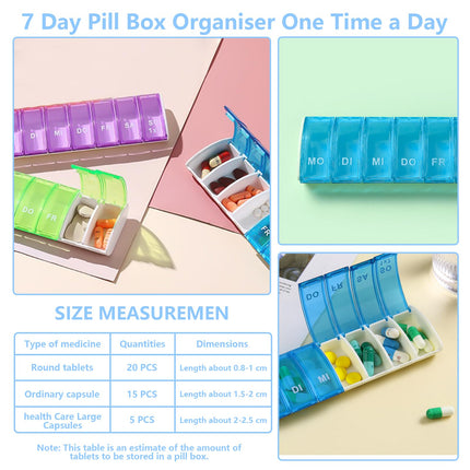 Pill box 7 days, reusable pill box small pill box large compartments handy and moisture-resistant medication dispenser for morning evening 7 compartments, 3 pieces storage box