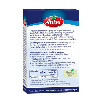 Abtei Magnesium 400 - high-dose magnesium - for active muscles - gluten-free, lactose-free, and vegan - 30 tablets