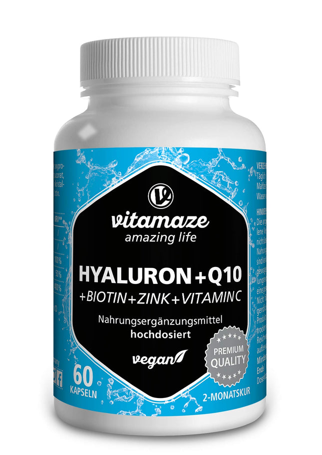 High-dose hyaluronic acid 200 mg + coenzyme Q10 100 mg per vegan capsule, 2-month course, high bioavailability, low molecular weight: 500-700 kDa, dietary supplement without unnecessary additives