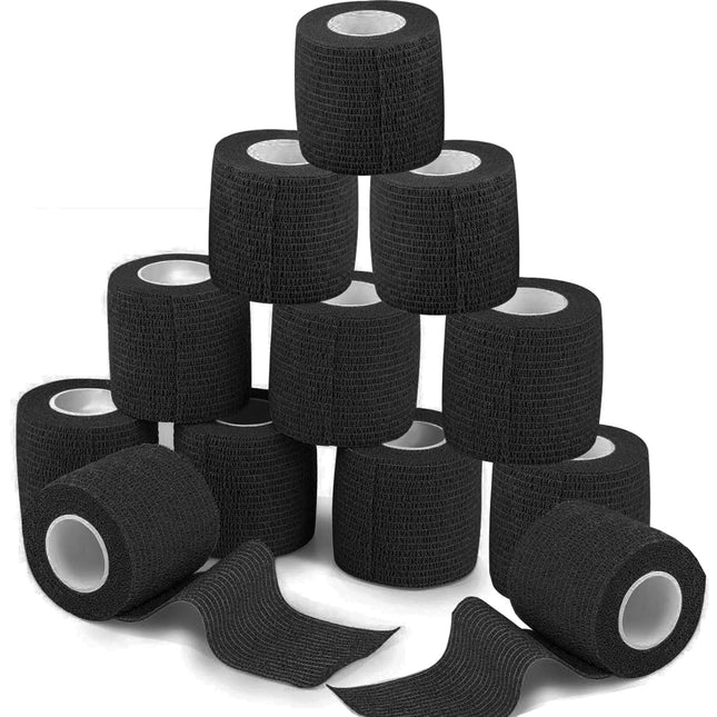 Self-adhesive bandage 12 rolls, 5 cm x 4.5 m plaster roll dressing material, elastic bandage bandage fixation bandage adhesive bandage self-adhesive for sports, wrist vet wrap cat dog horse (black)